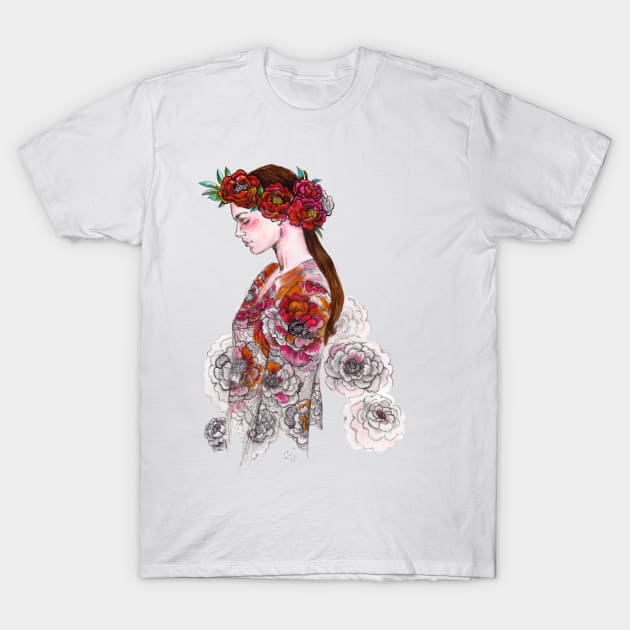 Woman with a Flower Crown - Boho Chic - Fashion Illustration. T-Shirt by FanitsaArt
